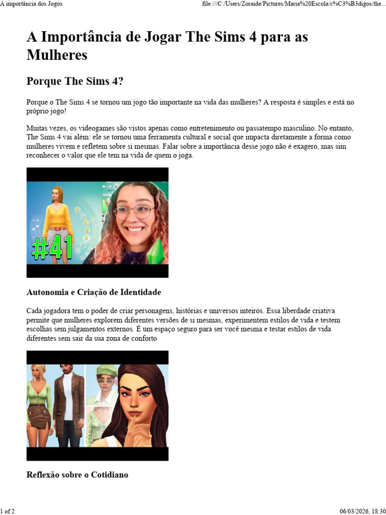 A Importância Do The Sims 4 Na Vida Das Mulheres | PDF | Liberdade | Vida