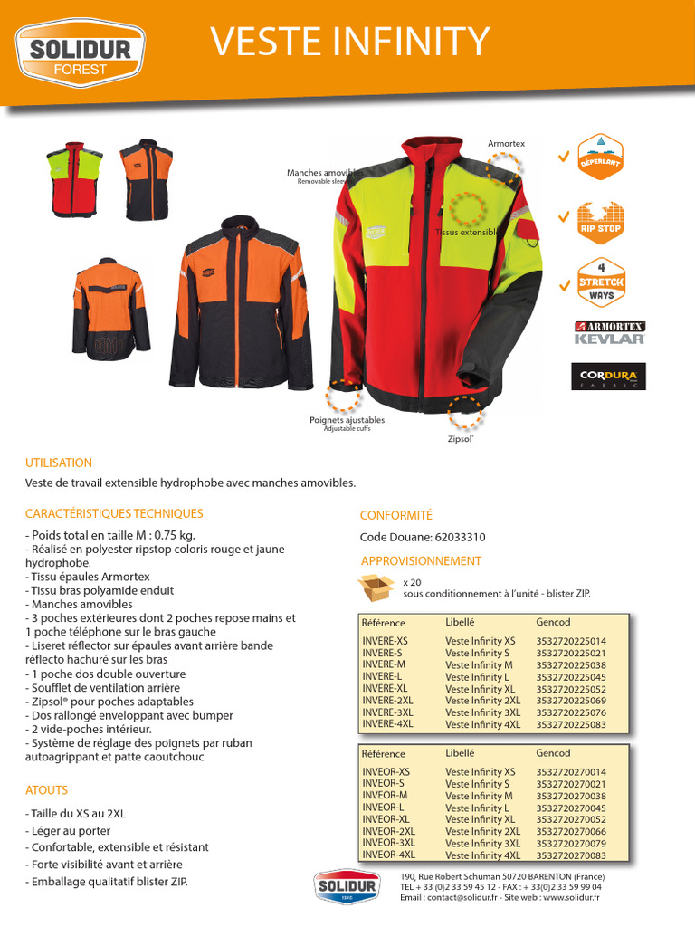 Fiche Technique Veste de Travail Infinity INVERE SOLIDUR | PDF