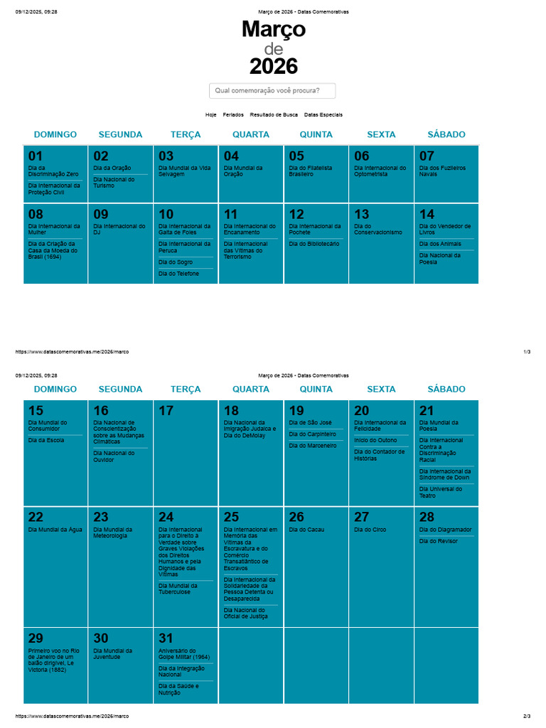 C Março de 2026 - Datas Comemorativas | PDF