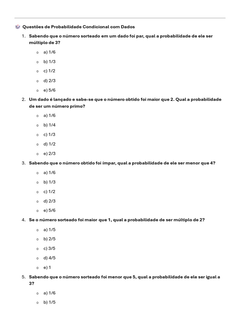 ? Questões de Probabilidade Condicional Com Dados | PDF