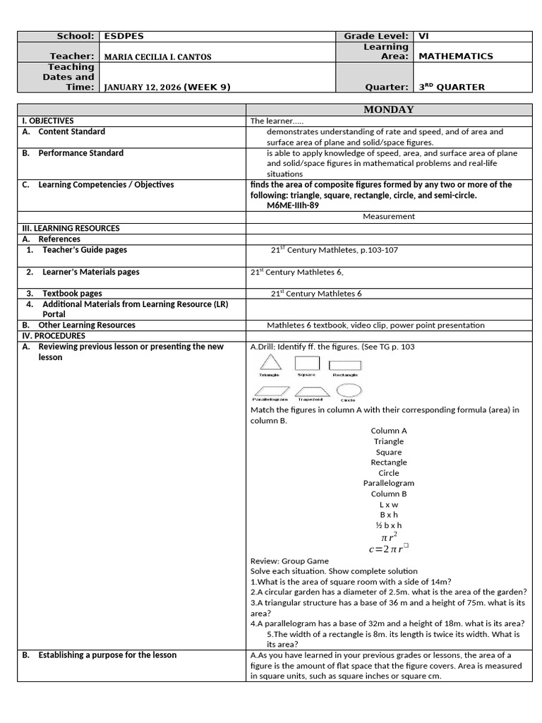 Q3 WEEK 8 MATH DLP | PDF | Area | Length