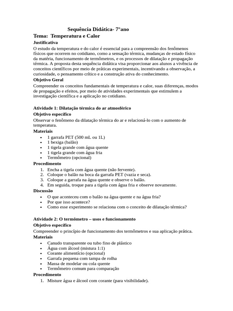 Sequencia Didática 7° Ano (Calor e Temperatura) | PDF | Calor | Temperatura
