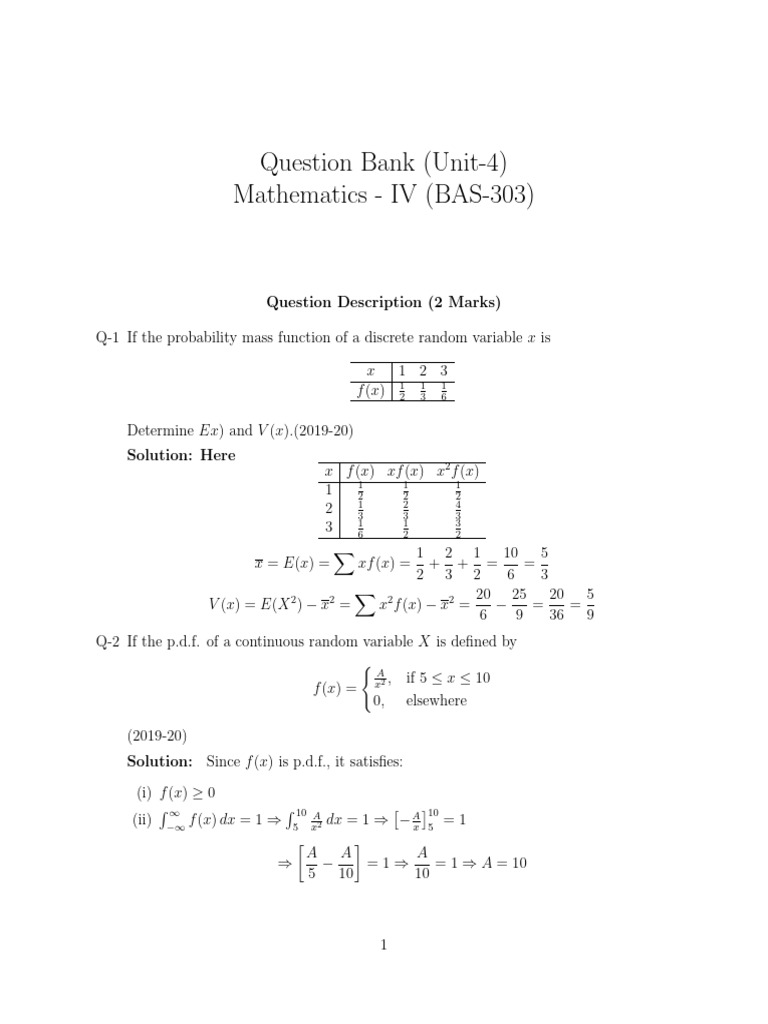 Solution Question Bank Unit-4 | PDF | Standard Deviation | Probability ...