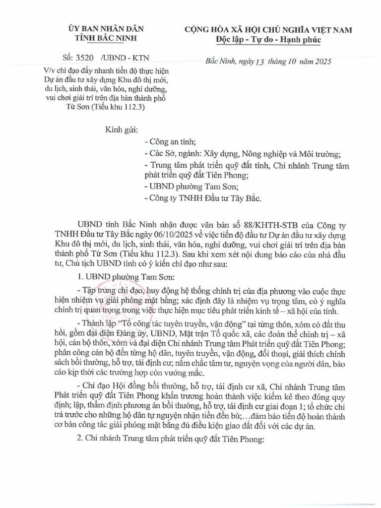 25.10.13. 3520_UBND-KTN. Chi Dao Day Nhanh Tien Do DA Tu Son | PDF