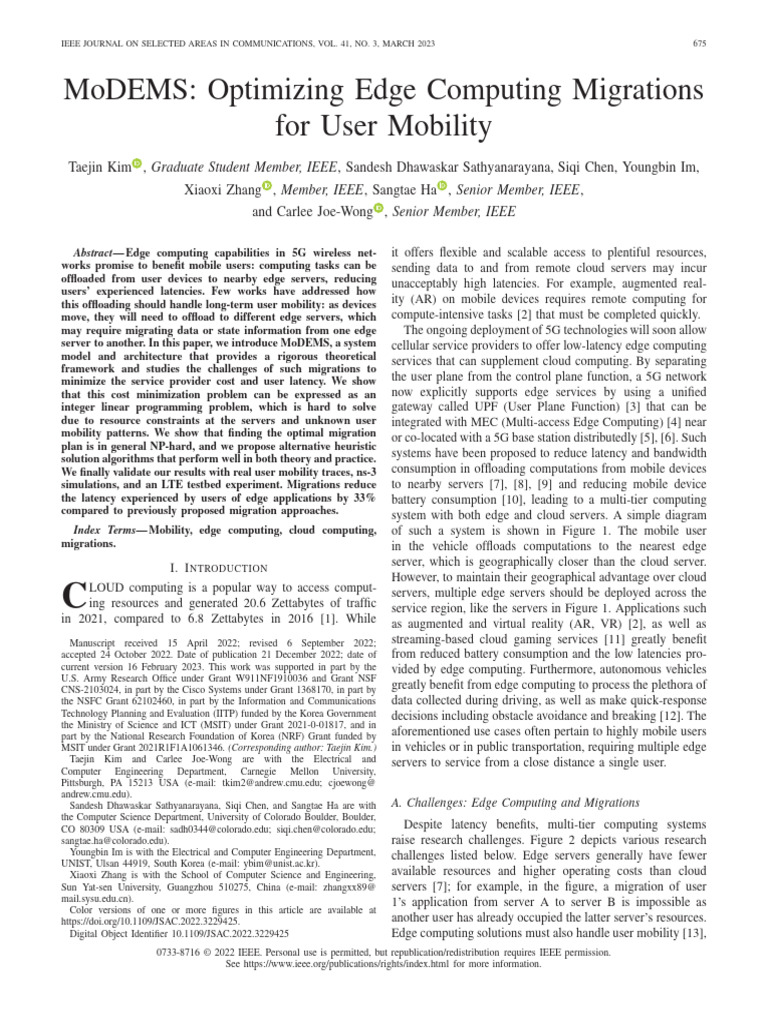 MoDEMS Optimizing Edge Computing Migrations For User Mobility | PDF ...