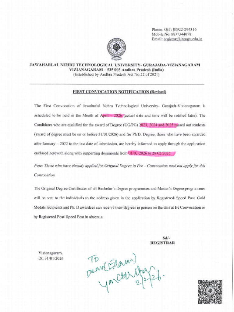 Revised Convocation Notification - Jntugv | PDF