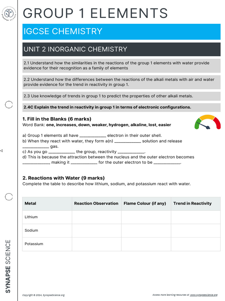 2.1 Worksheet Group 1 Elements | PDF | Materials | Chemistry