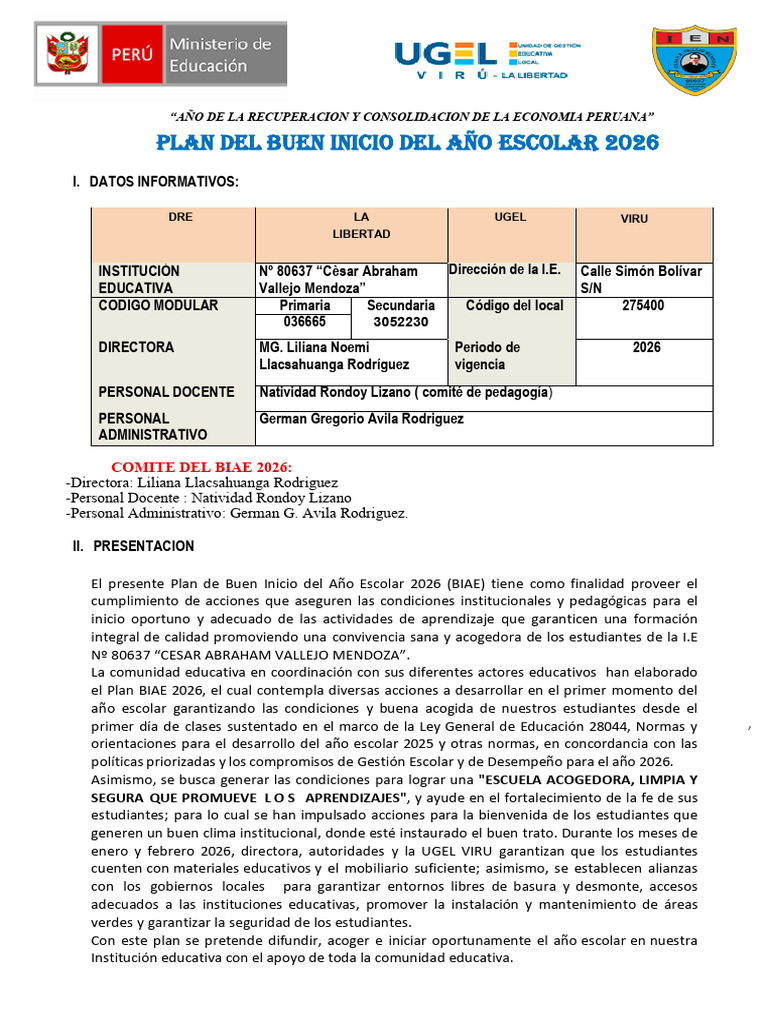 Plan Buen Inicio Del Ano Escolar 2025 Ok | PDF | Educación primaria ...