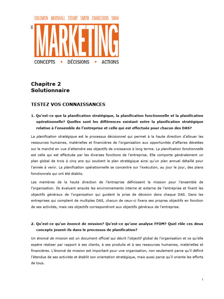 Adm2007 ch02 Solutionnaire | PDF | Commercialisation | Analyse SWOT