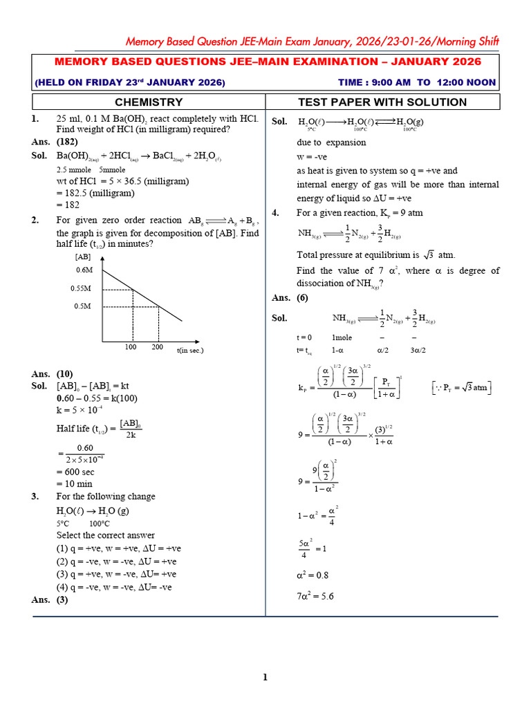 JEE Main 2026 23rd Jan Morning Shift Chemistry Paper | PDF | Chemical ...
