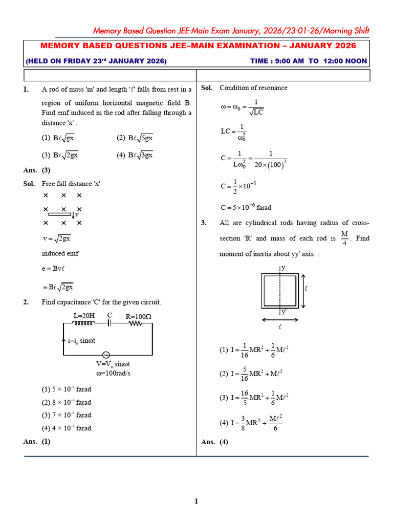 JEE Main 2026 23rd Jan Morning Shift Physics Paper | PDF | Deformation ...