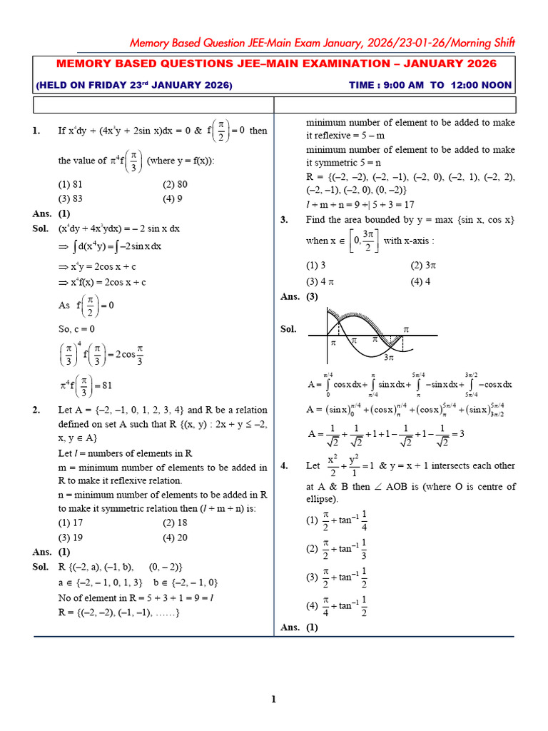 JEE Main 2026 23rd Jan Morning Shift Maths Paper | PDF | Mathematics ...