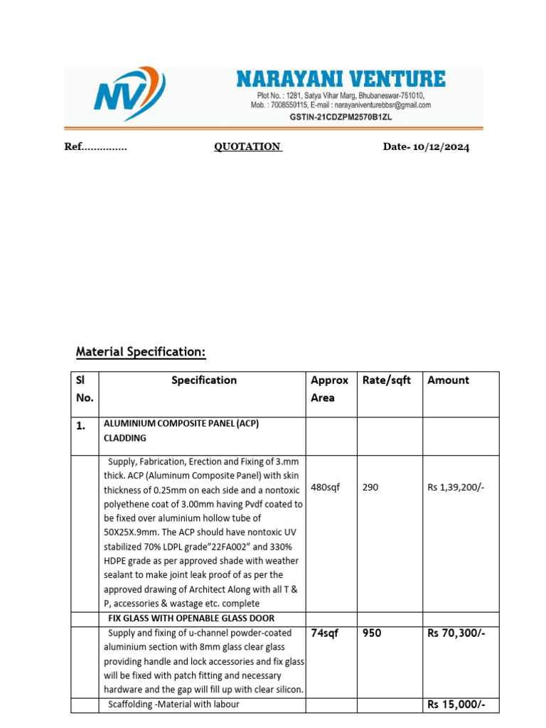 Quotation of Acp and Glass Door Work | PDF | Materials | Building ...