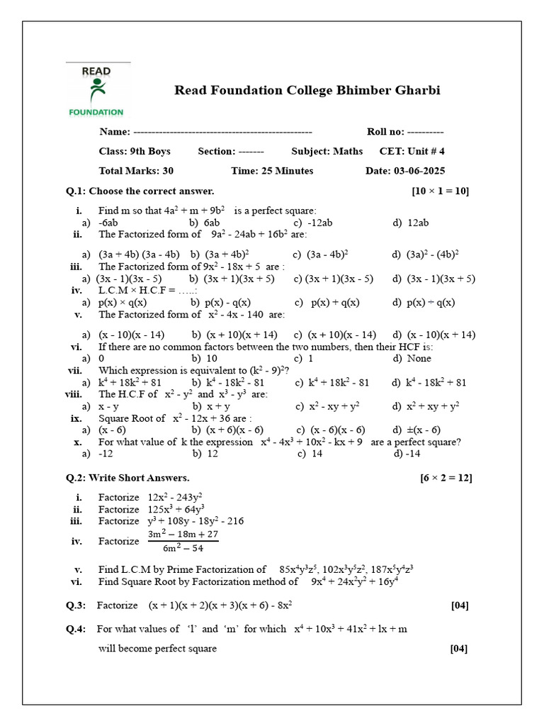 9th Unit 4 Factorization and Algebraic Manipulation | PDF