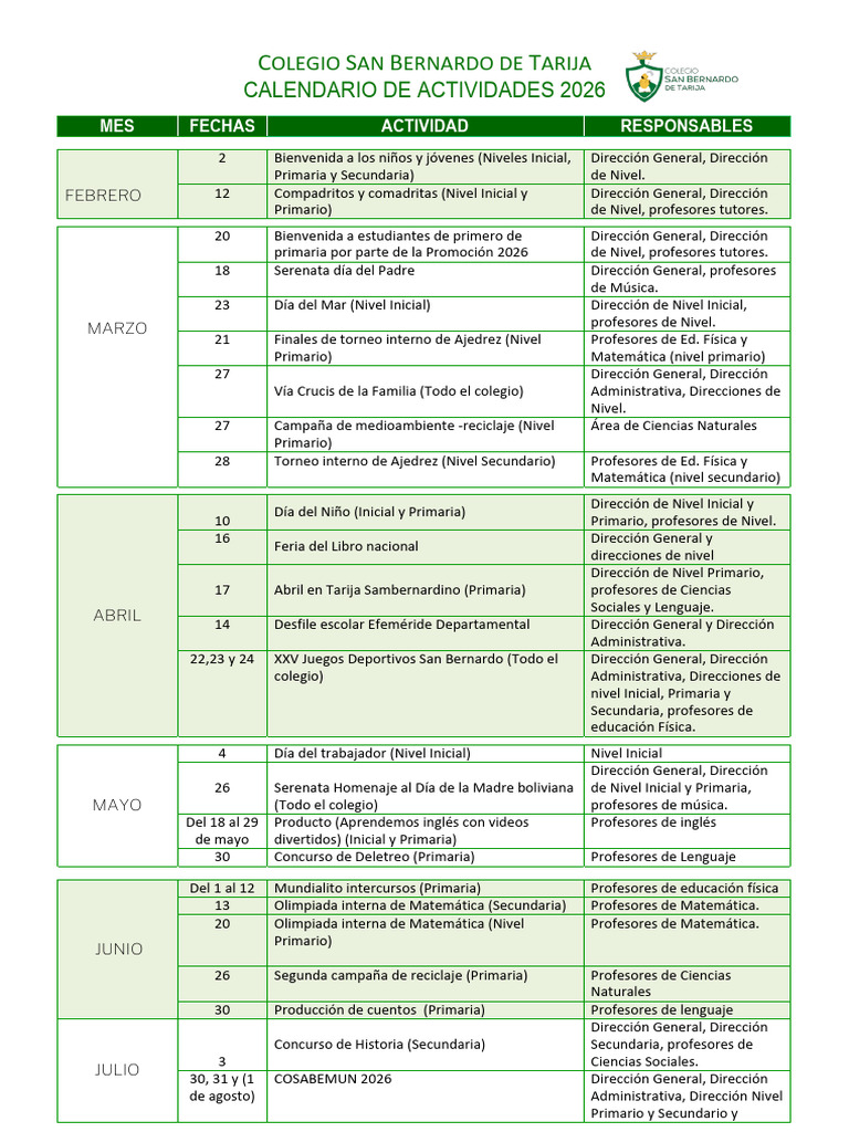 Calendario de Actividades 2026 San Bernardo | PDF | Educación de la ...