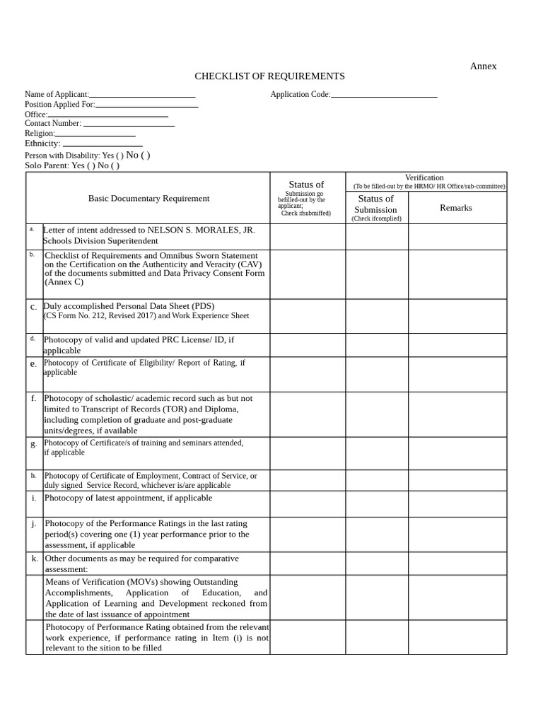Checklist of Requirements (Jehzeel) | PDF