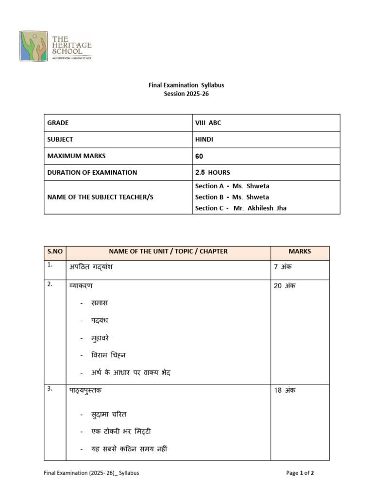 Grade VIII - Hindi at Final Exam Syllabus (2025-26) | PDF