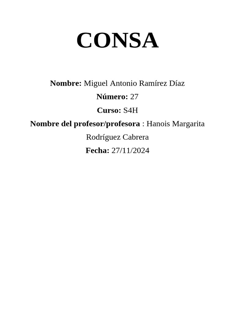 Consa: Nombre: Número: Curso: Nombre Del Profesor/profesora | PDF