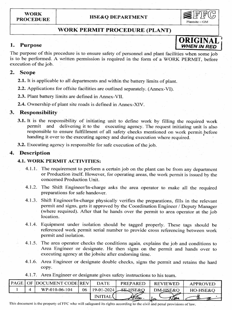 WP-010!06!104 Work Permit Procedure-Plant | PDF