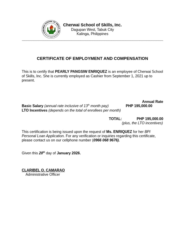 Cert. of Employment and Compensation Sample | PDF