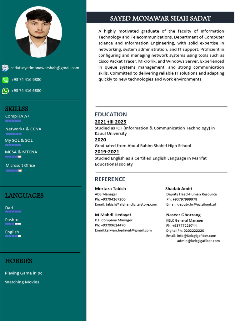 Sayed Monawar Shah SADAT CV | PDF | Fiber To The X | Computer Network