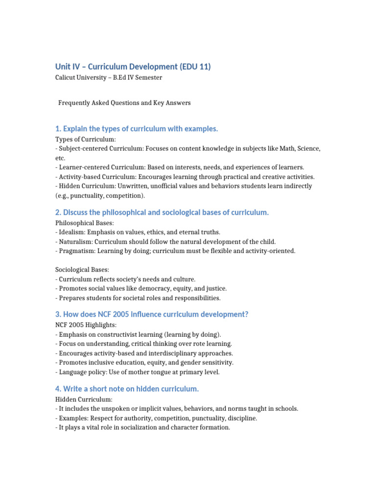 Unit IV Curriculum Development EDU11 QA | PDF