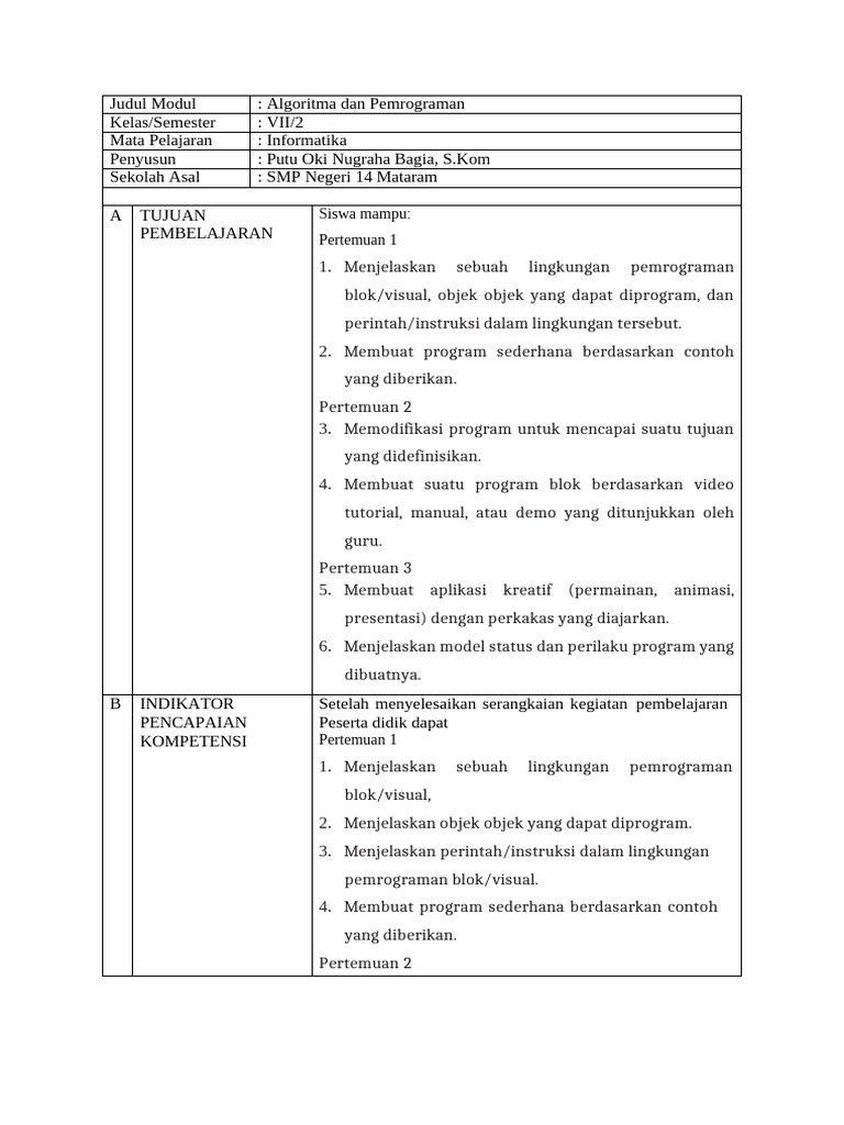 Modul Ajar Kls 7 SMT 2 Algoritme Dan Pemrograman | PDF