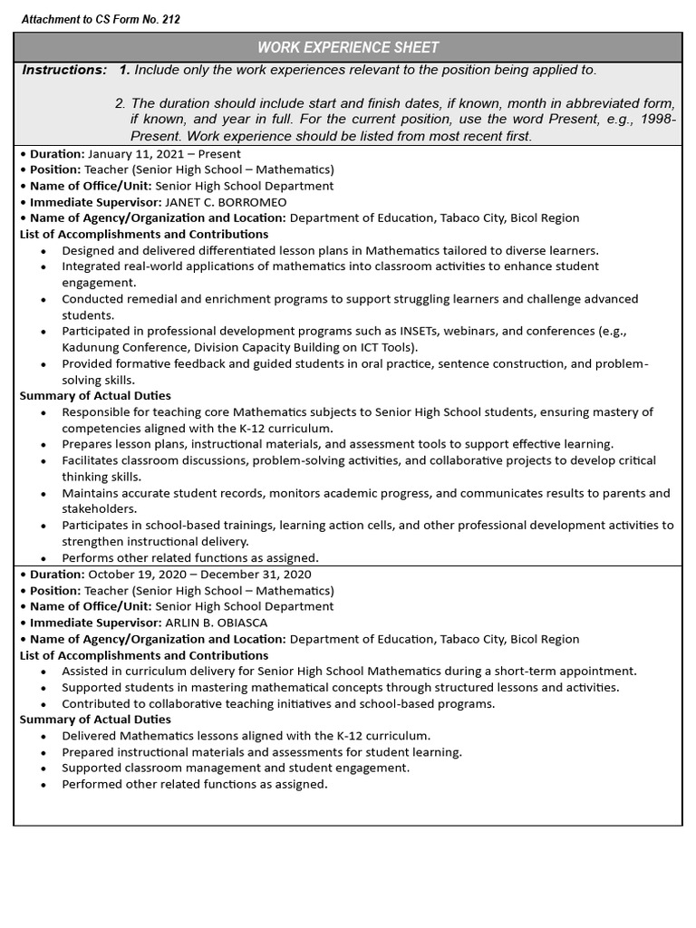 ANNEX H-2 - CS Form No. 212 Attachment - Work Experience Sheet | PDF