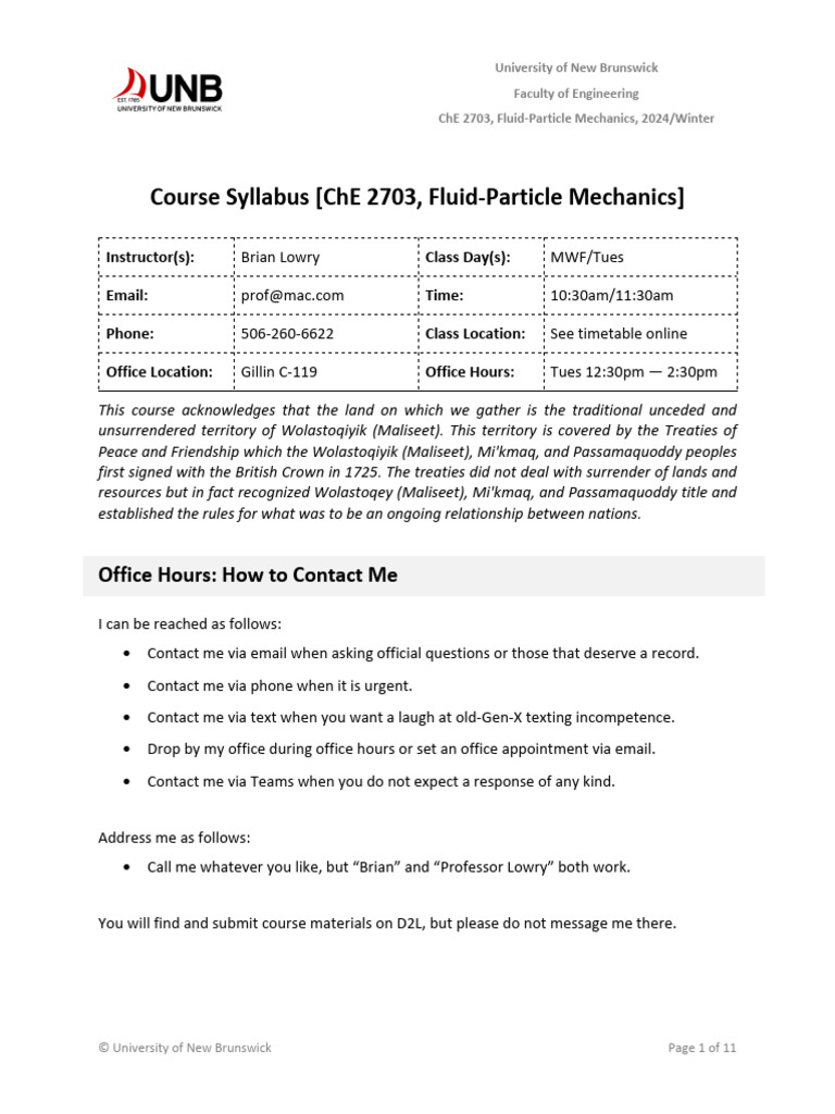 ChE 2703 Syllabus 2024 | PDF | Fluid Dynamics | Pump