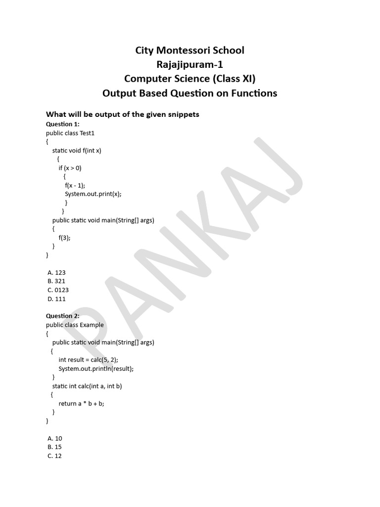 Output Based MCQs On Function Worksheet 2 | PDF