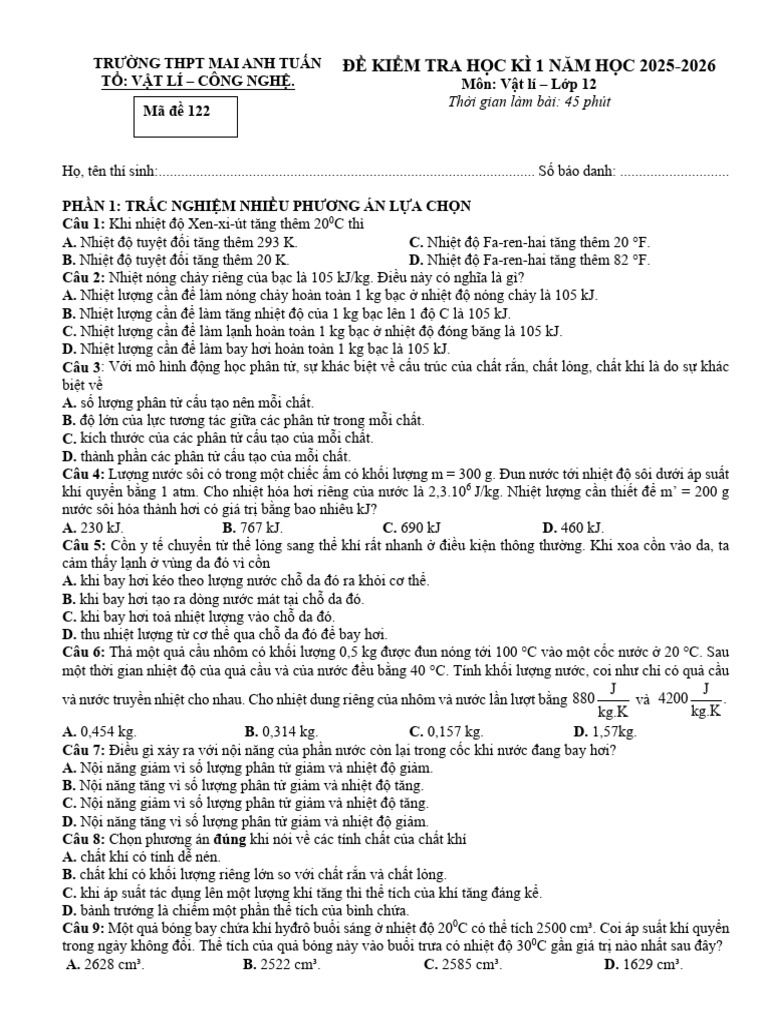 MÃ ĐỀ 122 | PDF