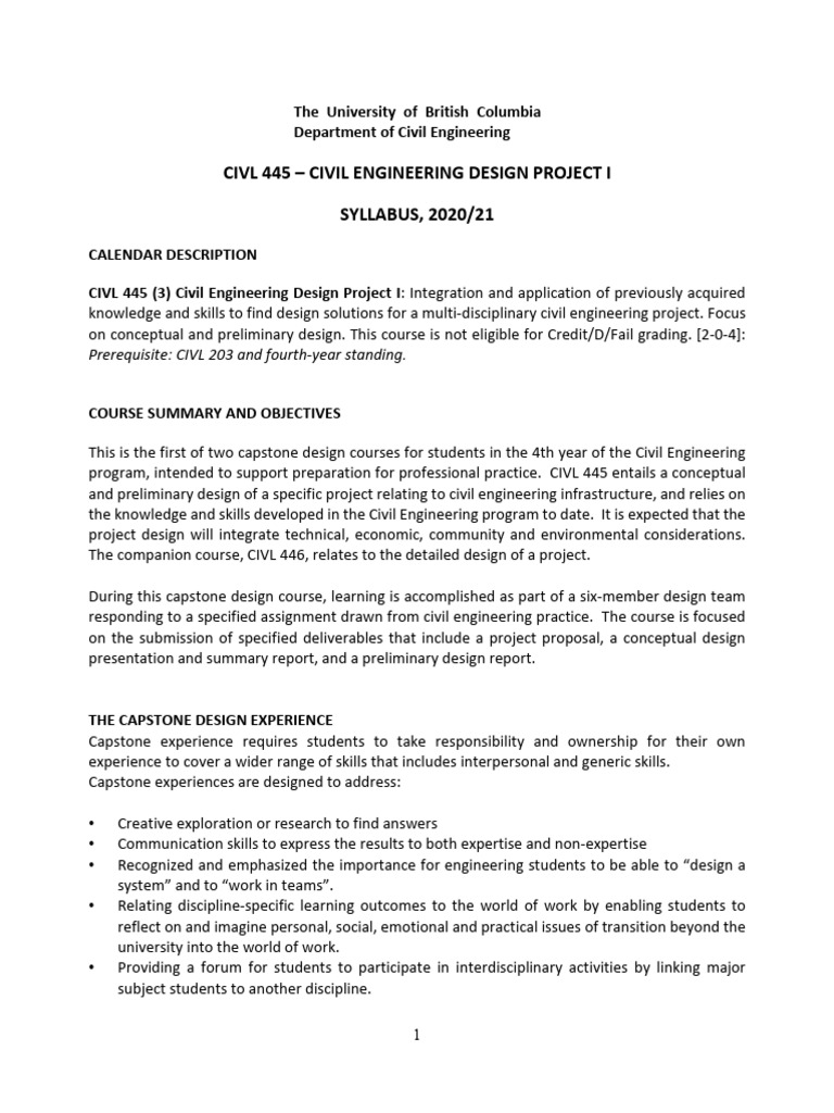CIVL 445 2020W1 Syllabus | PDF | Engineering | Civil Engineering