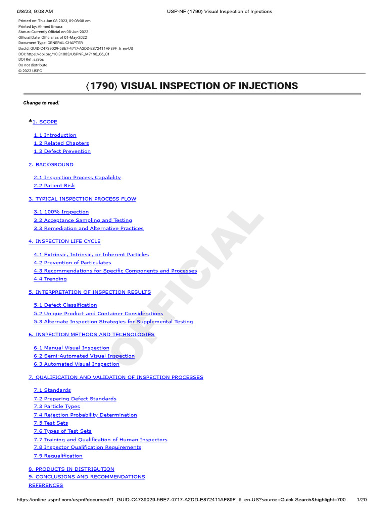 USP-NF 1790 Visual Inspection of Injections | PDF | Solubility