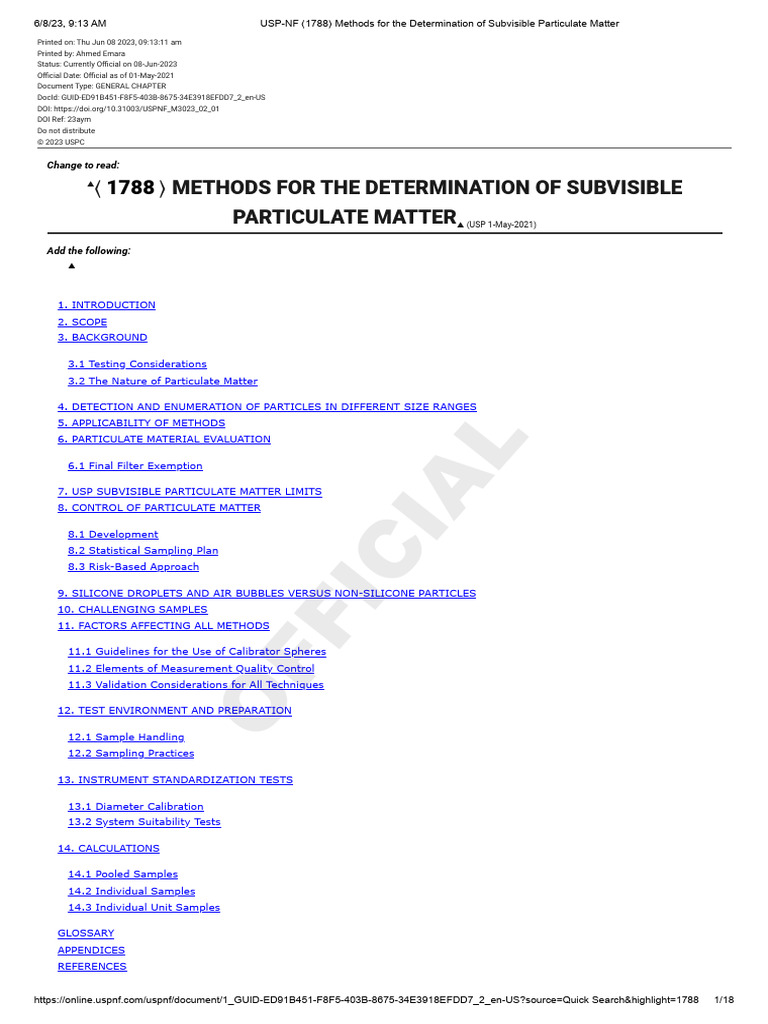 USP-NF 1788 Methods For The Determination of Subvisible Particulate ...