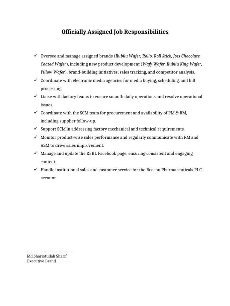 Officially Assigned Job Responsibilities (Shariotullah Sharif) | PDF