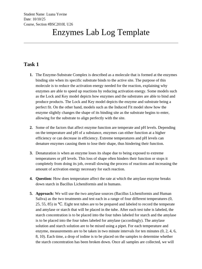 Enzymes Lab Log Template | PDF | Enzyme | Activation Energy
