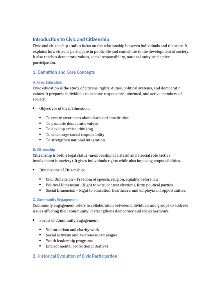 Civic and Citizenship Full Detailed Notes | PDF | Citizenship | Democracy