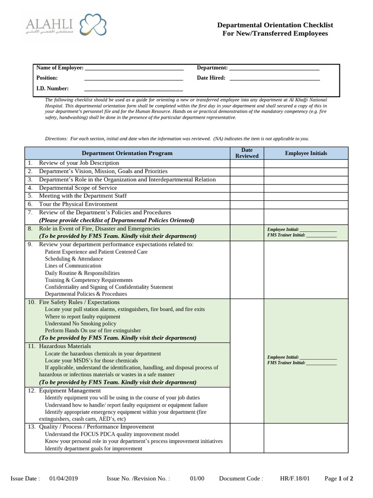 Departmental Orientation Checklist - CLINICAL - FRONTLINE STAFF | PDF ...