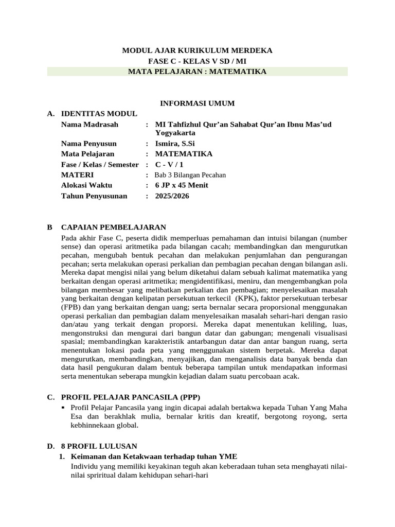 Modul Ajar Matematika Kelas 5 Bab 3 (Modulguruku - Com) | PDF