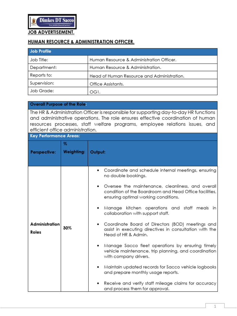 Job Advert HR & Admin Officer | PDF | Human Resource Management | Human ...