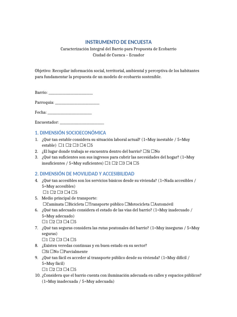 Instrumento Encuesta Ecobarrio Cuenca | PDF