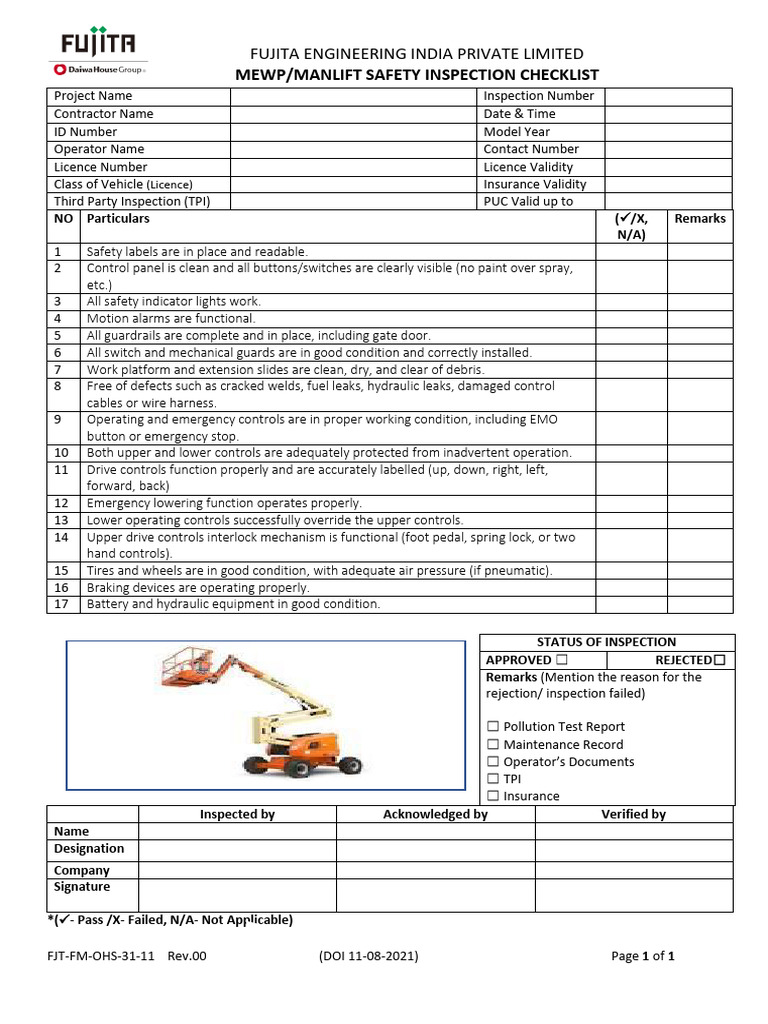 FJT FM OHS 31 11 Rev.00 MEWP Safety Inspection | PDF | Switch ...