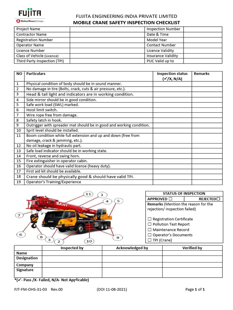 FJT-FM-OHS-31-03 Rev.00 Mobile Crane Safety Inspection Checklist | PDF