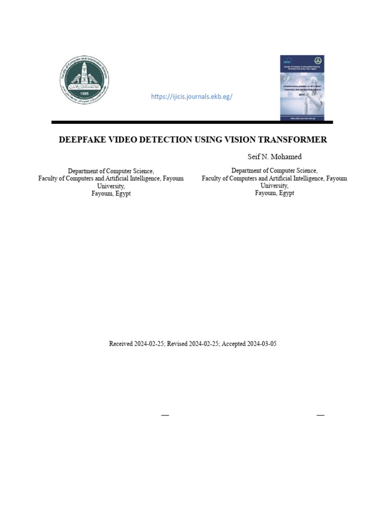 Shereen A. Hussien - DeepFake Video Detection Using Vision Transformer ...