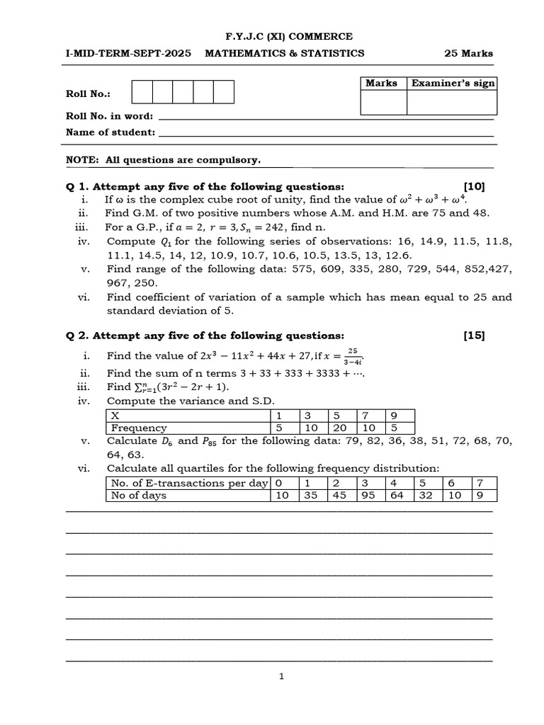 Unit Test - 1 COM-25-26 Maths | PDF | Standard Deviation | Statistics