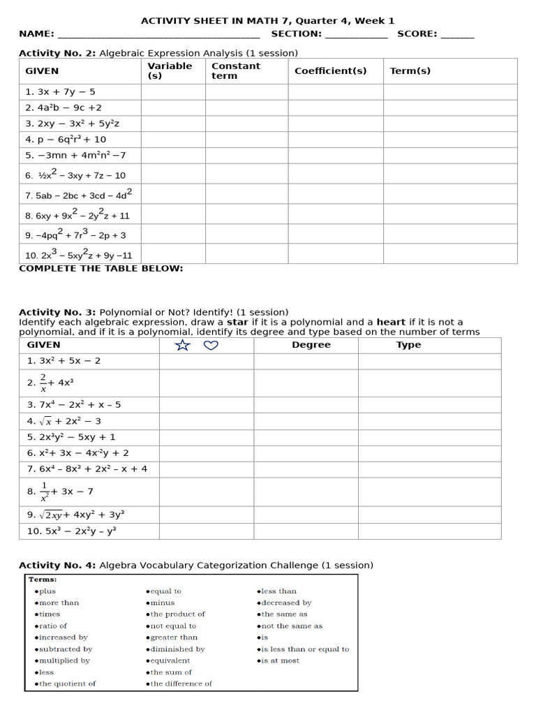 Activity Sheet in Math 7 Week 1 q4 | PDF | Polynomial | Chess Theory
