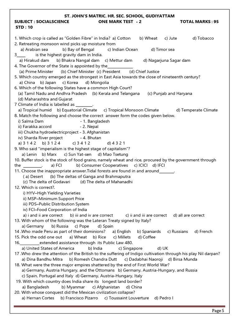 10th Social One Mark 2 | PDF | Monsoon