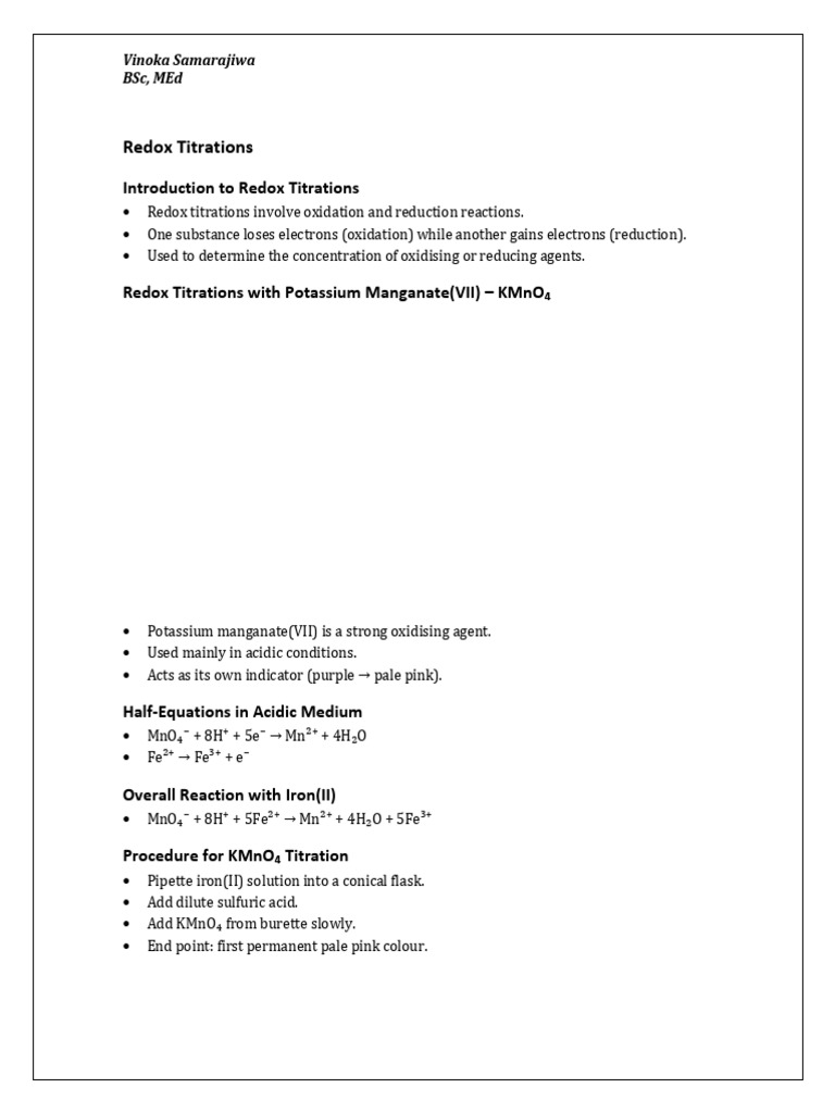 Redox Titrations Complete Notes | PDF