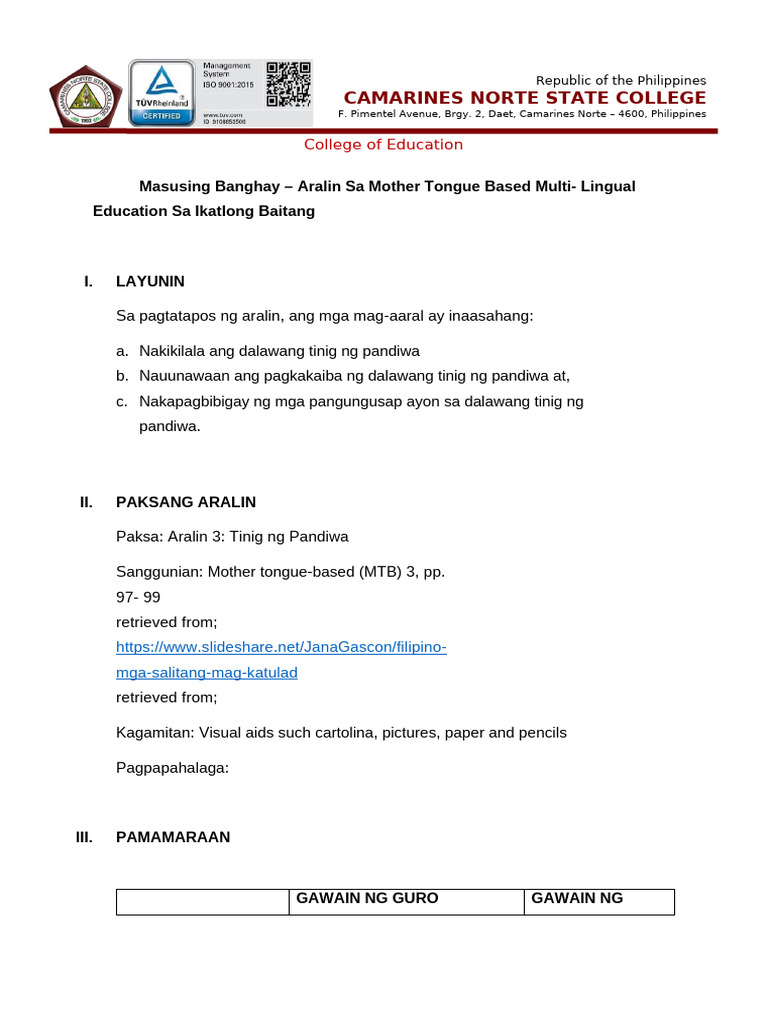 Banghay Aralin in MTB Aralin 3 | PDF
