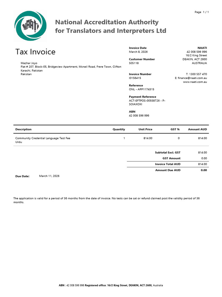 Tax Invoice: National Accreditation Authority For Translators and ...